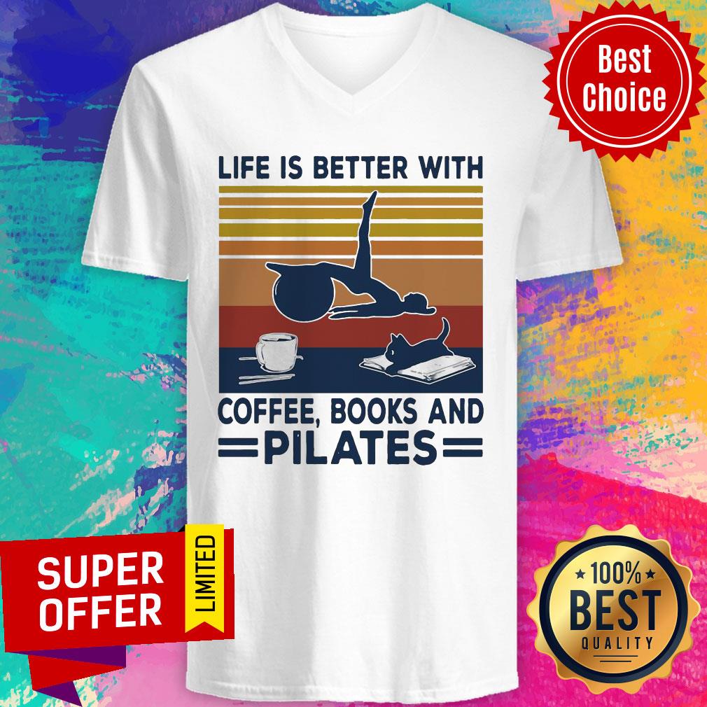 Girl And Cat Life Is Better With Coffee Books And Pilates Vintage Retro Shirt