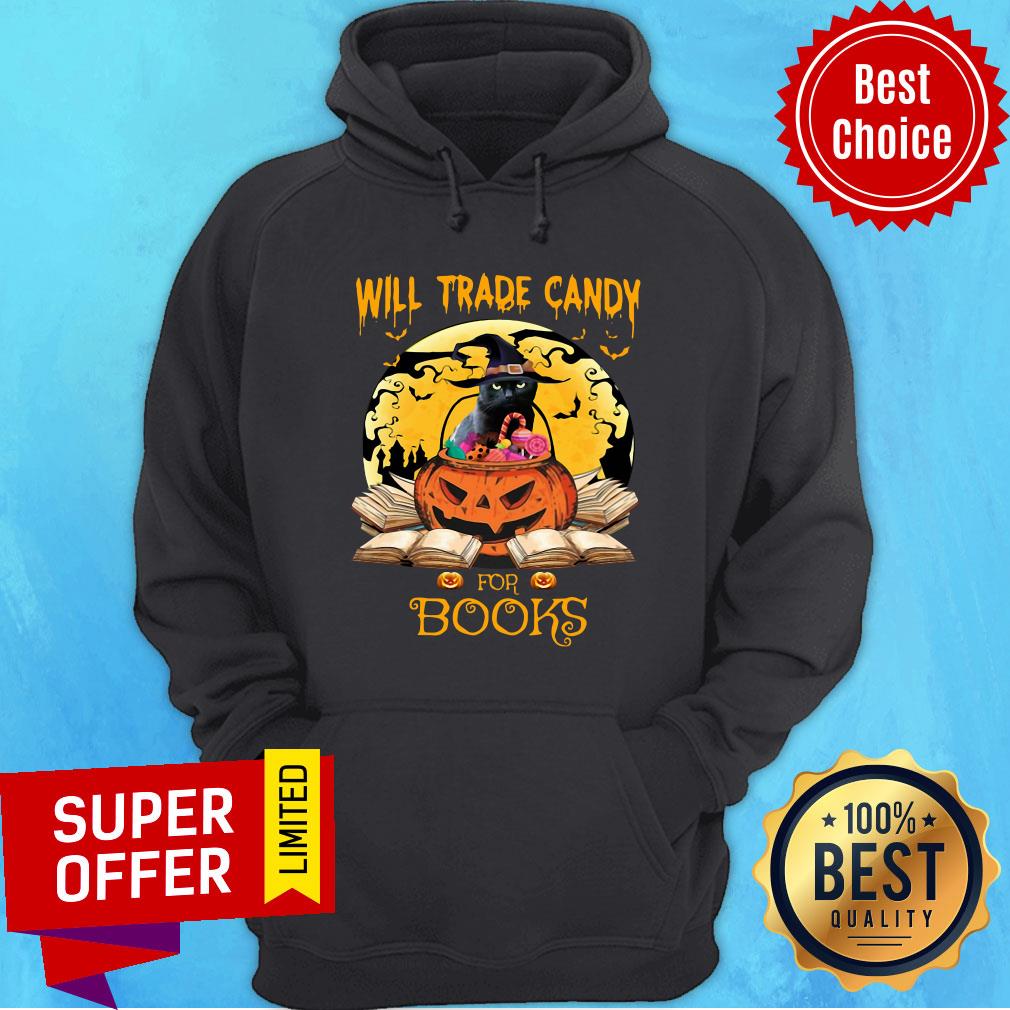 Halloween Cat Witch Will Trade Candy For Books Moon Shirt