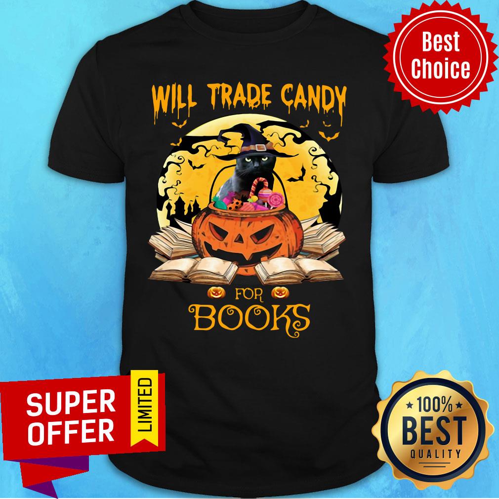 Halloween Cat Witch Will Trade Candy For Books Moon Shirt