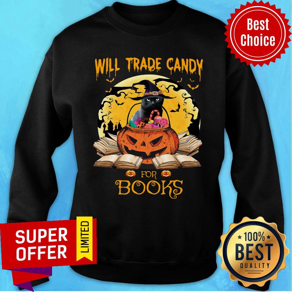 Halloween Cat Witch Will Trade Candy For Books Moon Shirt