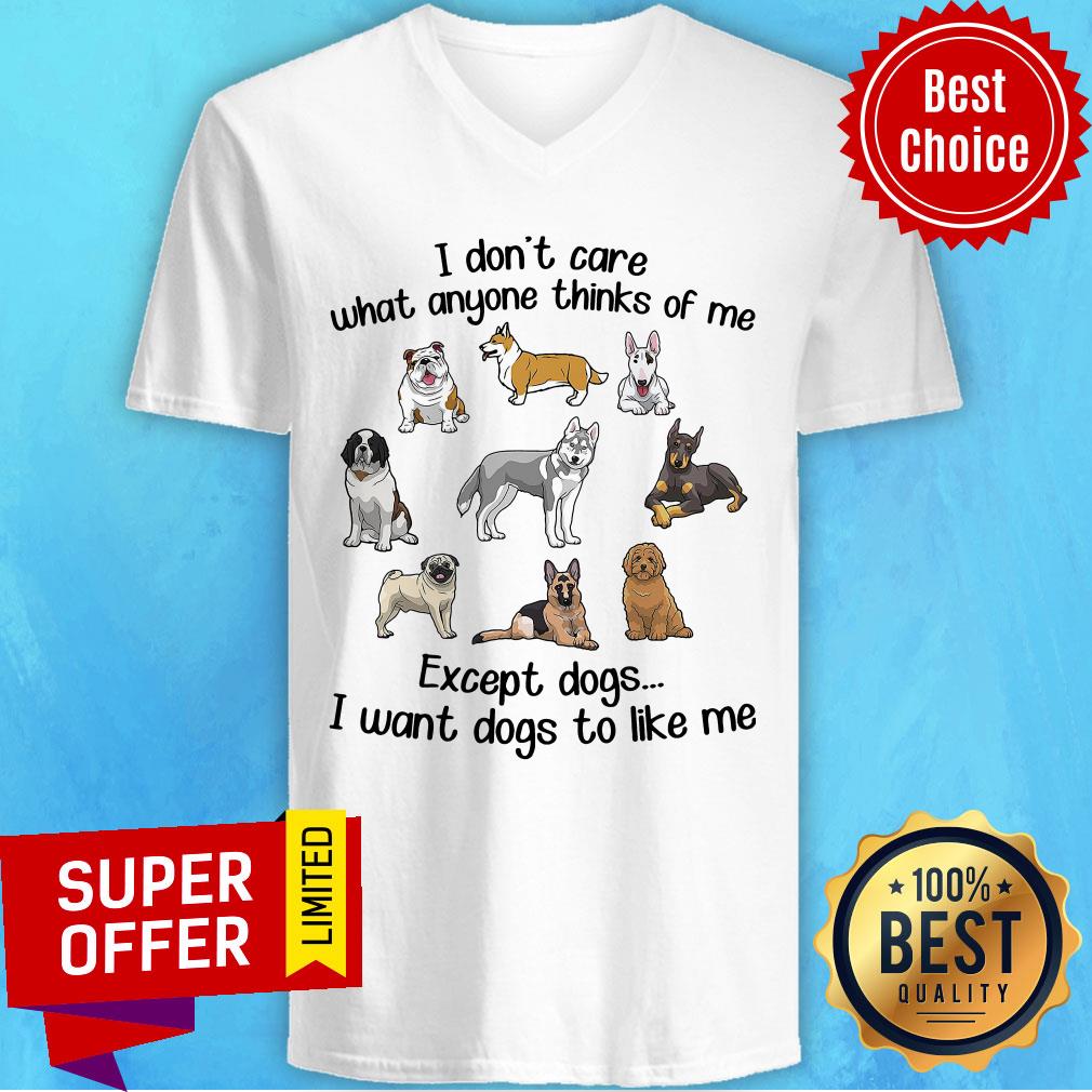 i-dont-care-what-anyone-thinks-of-me-except-dogs-i-want-dogs-to-like-me-v-neck.jpg