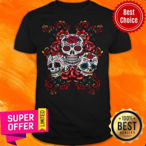 Official Triple Skull Red Floral Day Of The Dead Sugar Skulls Shirt