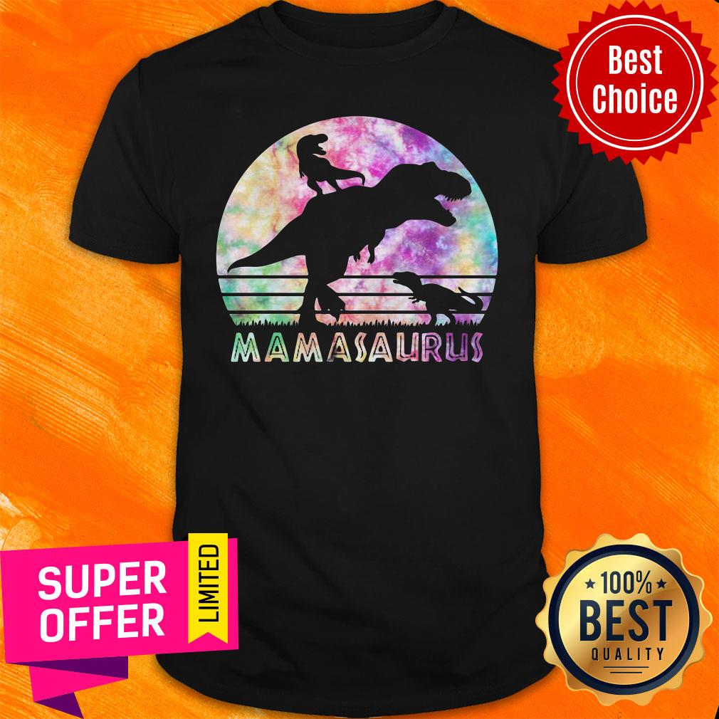 Mamasaurus Tie Dye Sunset Funny Dinosaur Mother Of 2 Kids Shirt