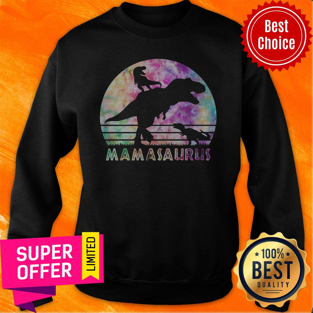 Mamasaurus Tie Dye Sunset Funny Dinosaur Mother Of 2 Kids Shirt