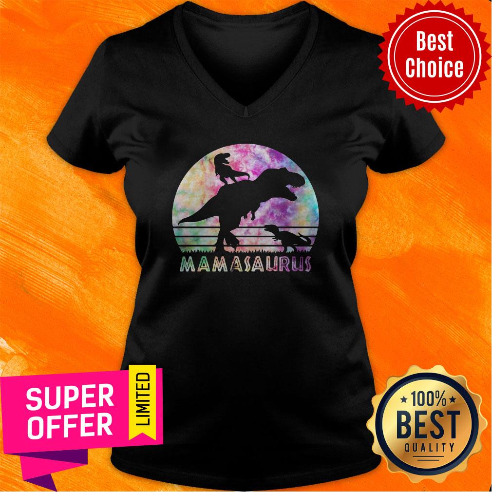 Mamasaurus Tie Dye Sunset Funny Dinosaur Mother Of 2 Kids Shirt