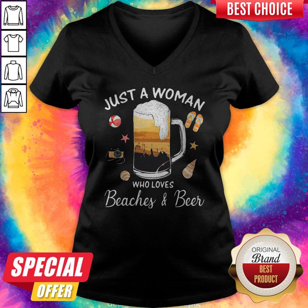 Nice Just A Woman Who Loves Beaches Beer Camera Starfish Shirt