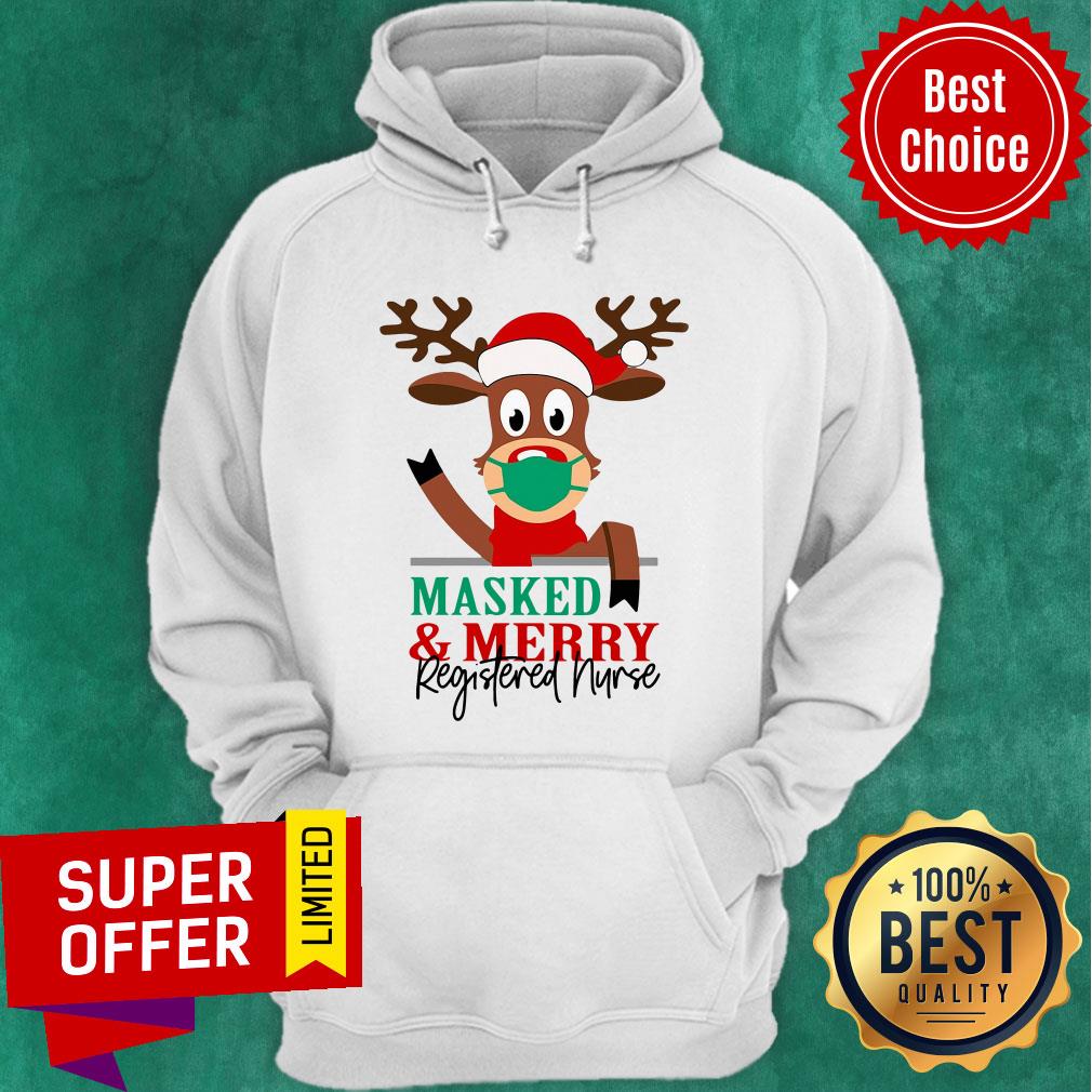 Nice Reindeer Face Mask Masked And Merry Registered Nurse Christmas Shirt