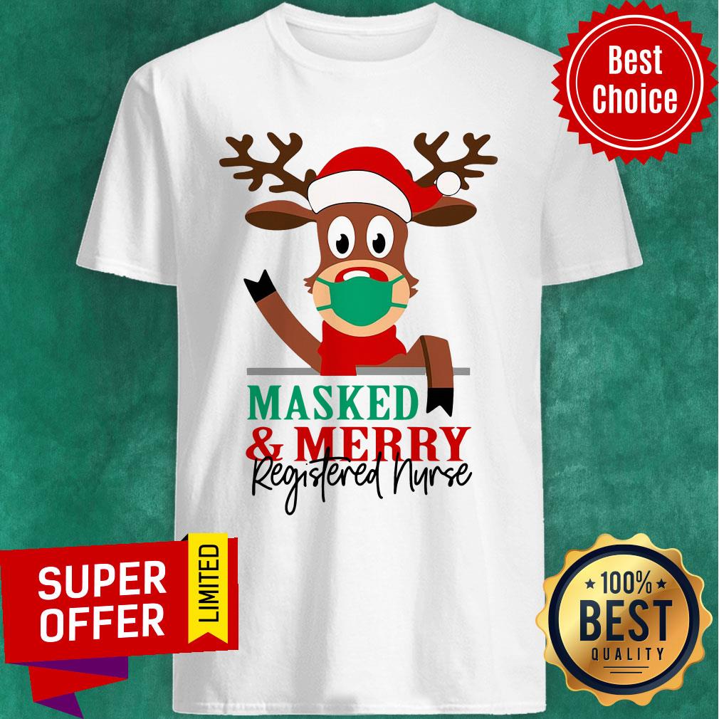 Nice Reindeer Face Mask Masked And Merry Registered Nurse Christmas Shirt