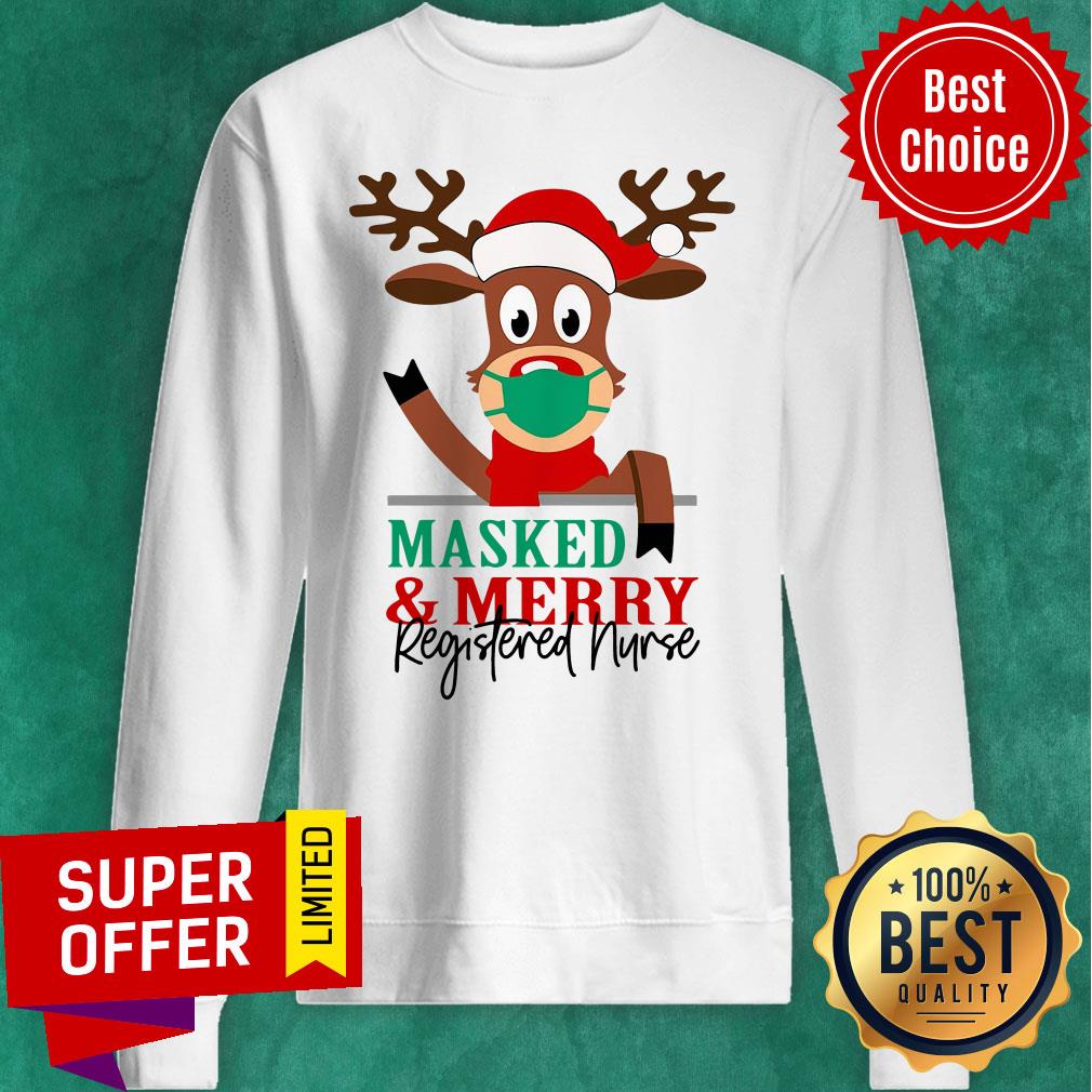 Nice Reindeer Face Mask Masked And Merry Registered Nurse Christmas Shirt