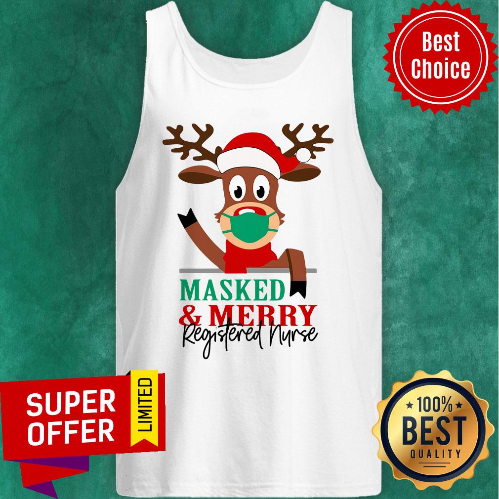 Nice Reindeer Face Mask Masked And Merry Registered Nurse Christmas Shirt