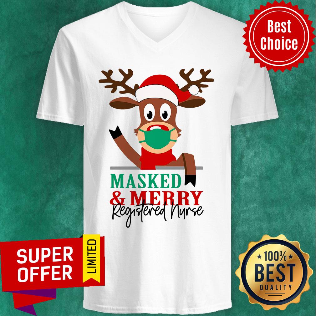 Nice Reindeer Face Mask Masked And Merry Registered Nurse Christmas Shirt