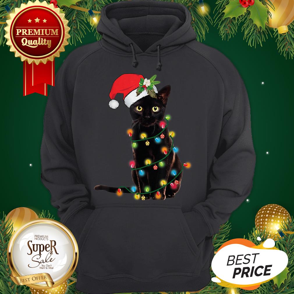 Pretty Black Cat Santa Hat Christmas Lights Shirt