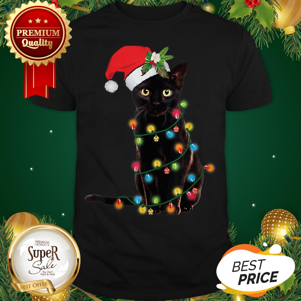 Pretty Black Cat Santa Hat Christmas Lights Shirt