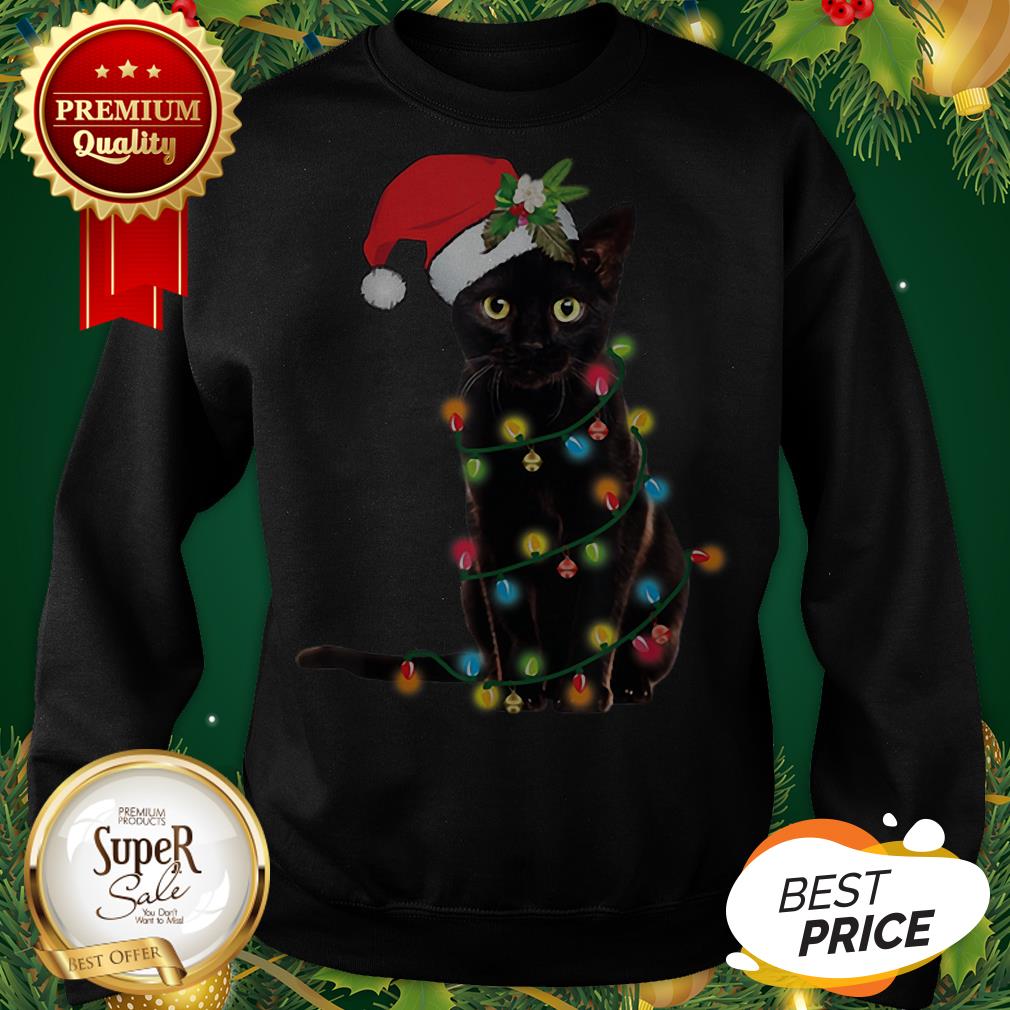 Pretty Black Cat Santa Hat Christmas Lights Shirt