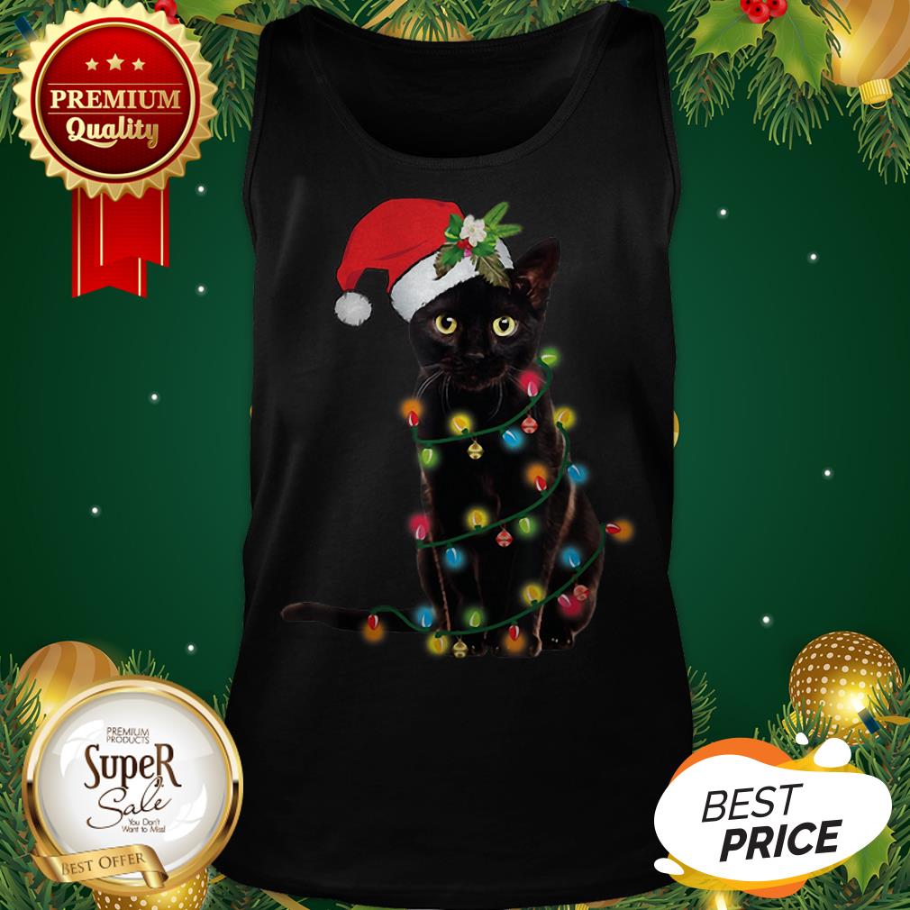 Pretty Black Cat Santa Hat Christmas Lights Shirt