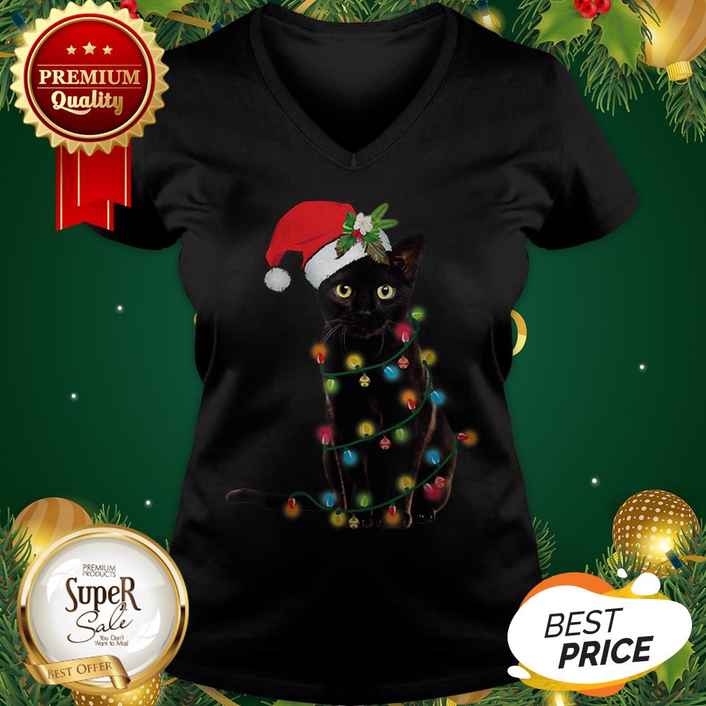 Pretty Black Cat Santa Hat Christmas Lights Shirt