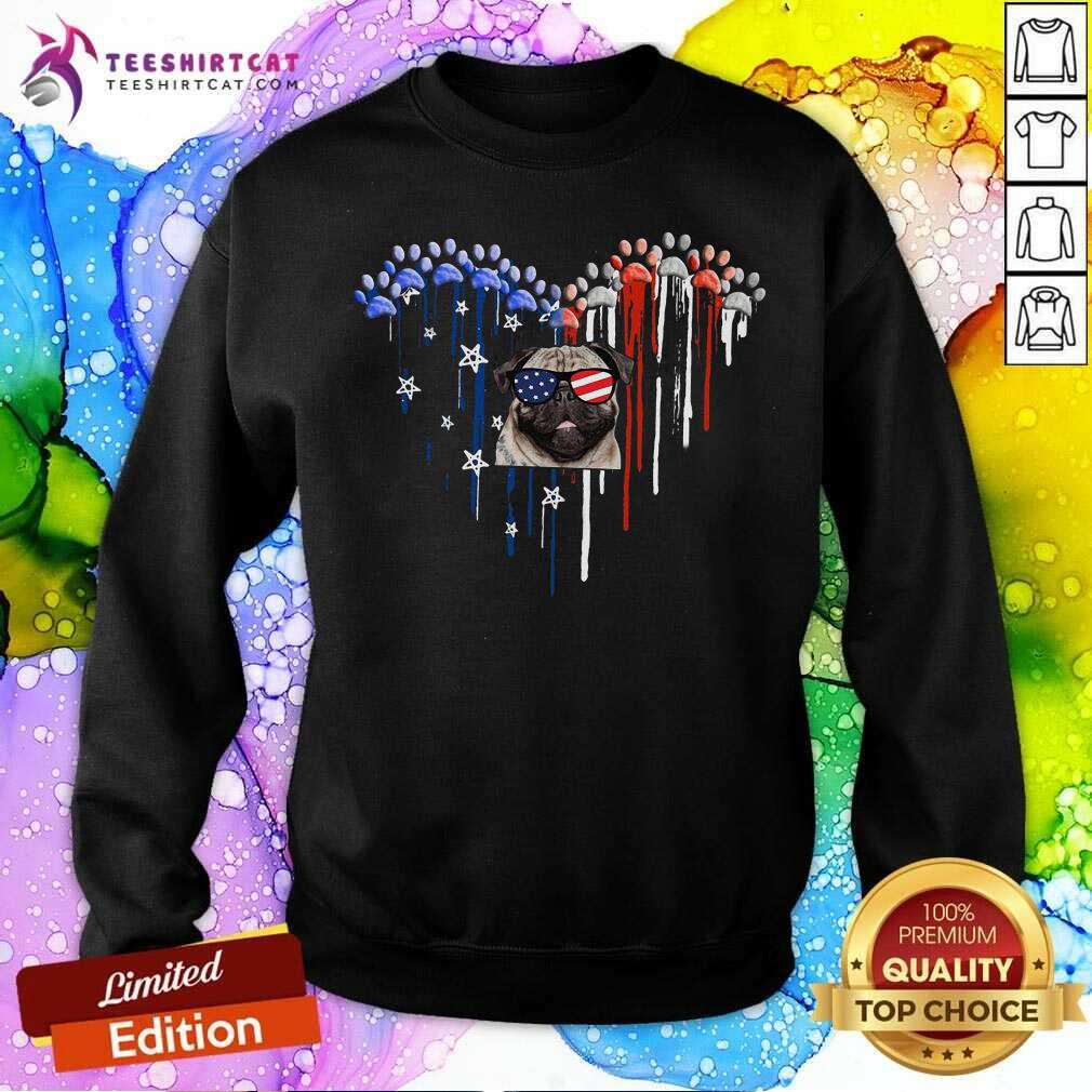 Pug Dog Paw Watercolor Heart American Flag 4th Of July Shirt