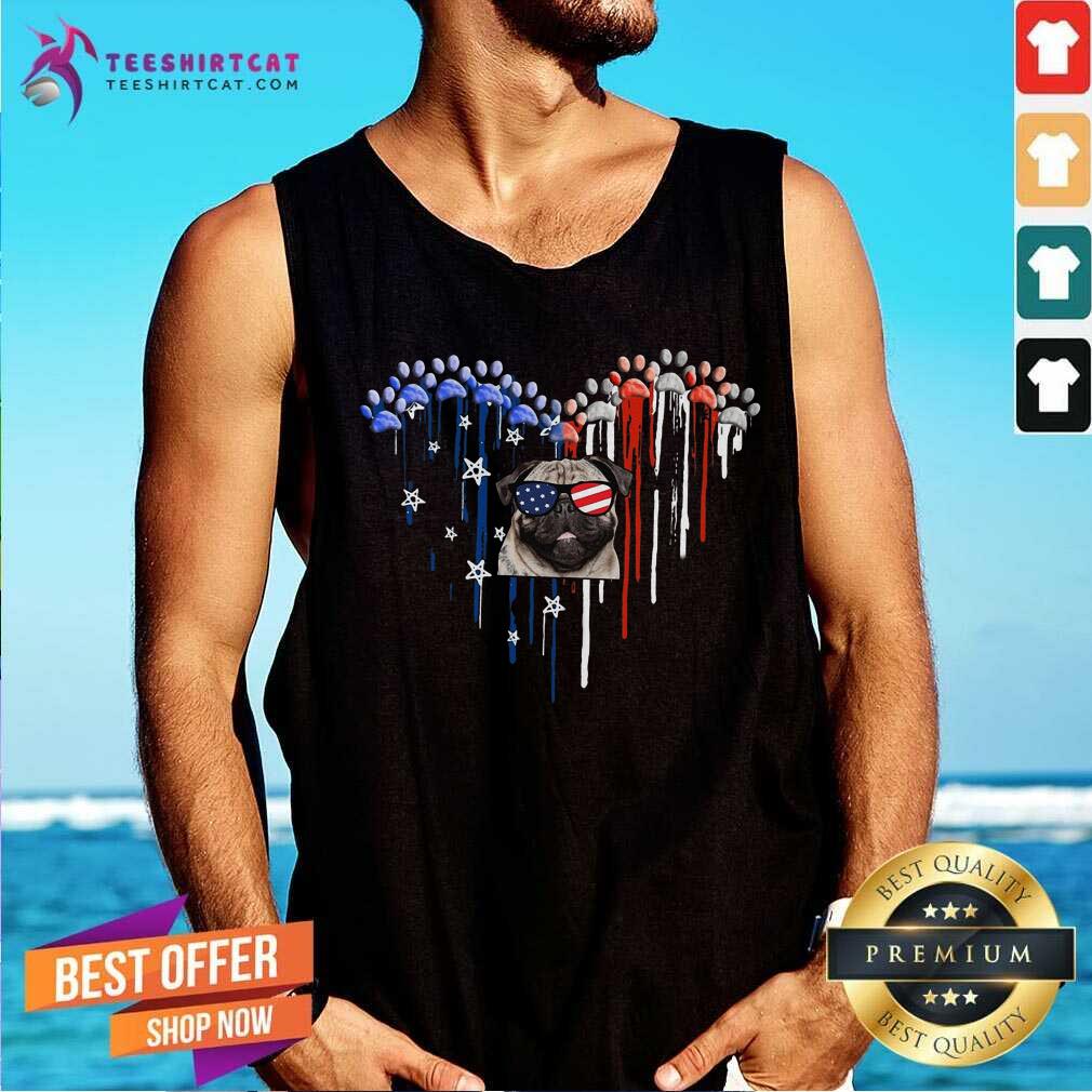 Pug Dog Paw Watercolor Heart American Flag 4th Of July Shirt