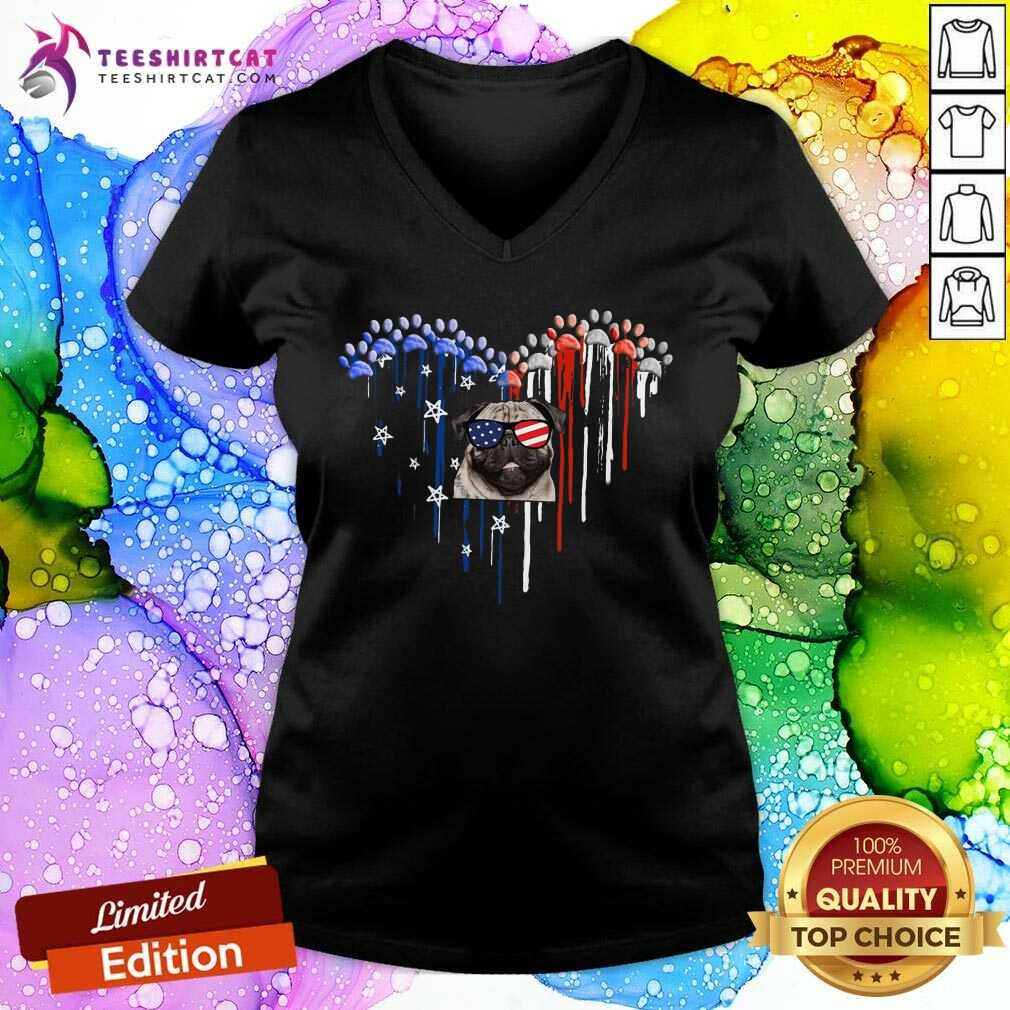 Pug Dog Paw Watercolor Heart American Flag 4th Of July Shirt
