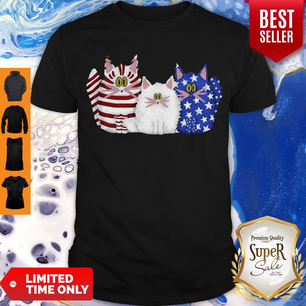 Awesome Three Cat Red White And Blue American Flag Shirt