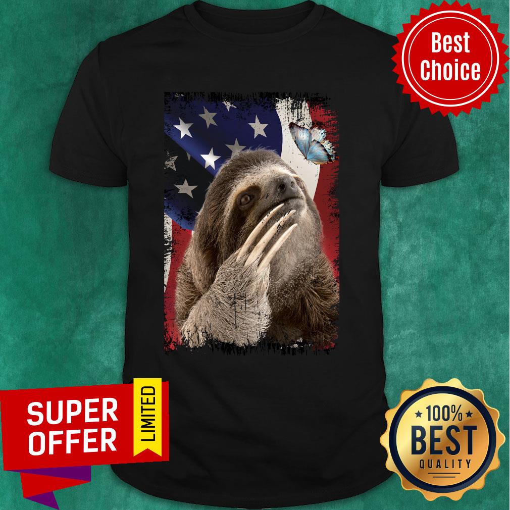 Sloth Butterfly On Nose Sloth Lovers USA Flag Shirt
