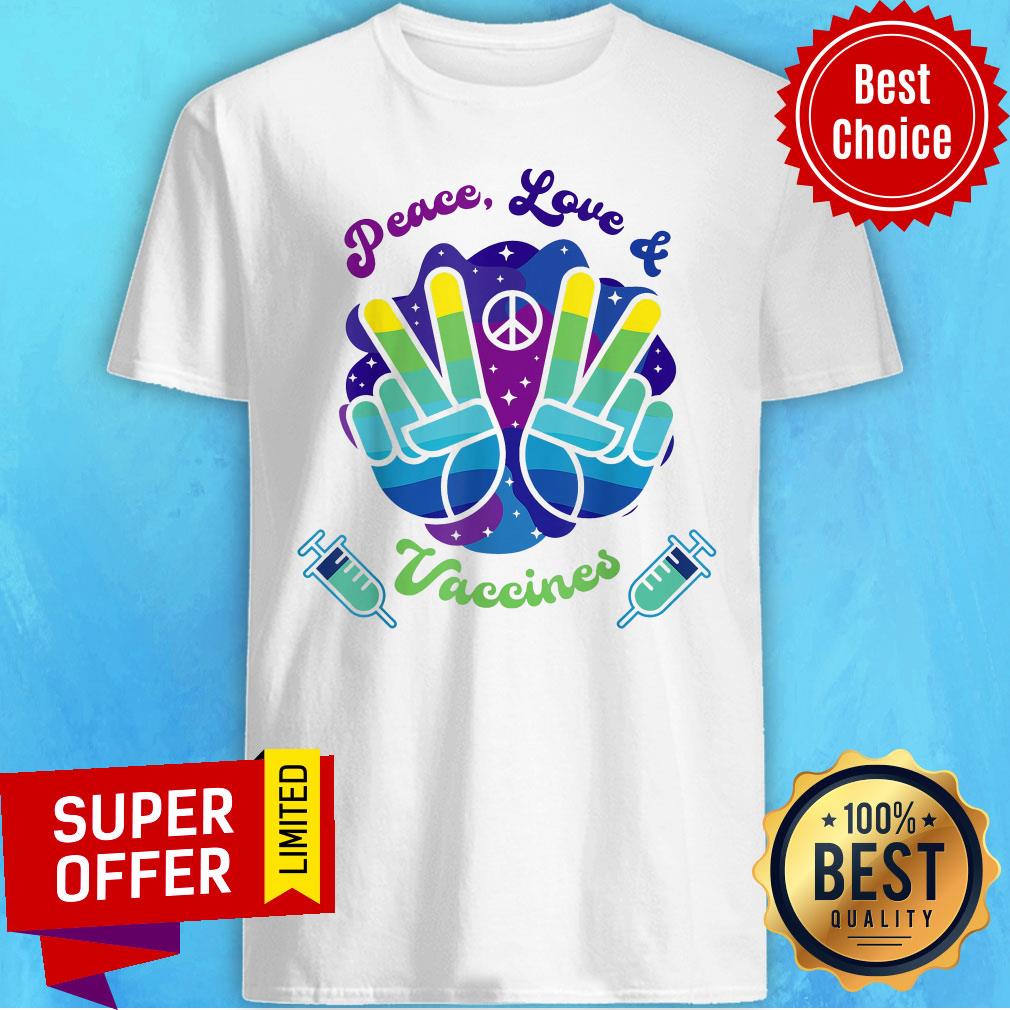 Top Color Hand Peace Love And Vaccines Shirt