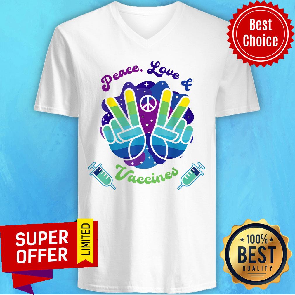 Top Color Hand Peace Love And Vaccines Shirt