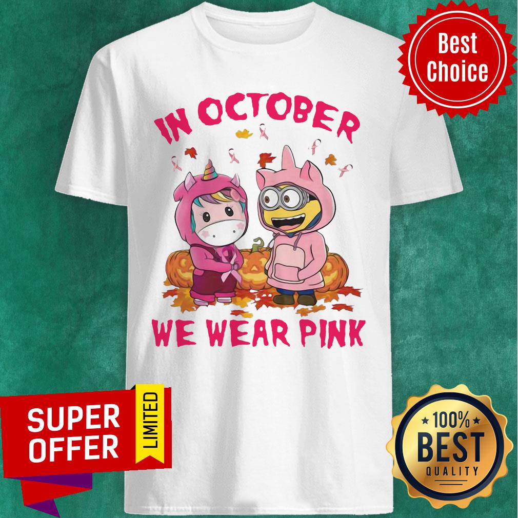 Unicorn And Minions Pumpkin In October We Wear Pink Halloween Shirt