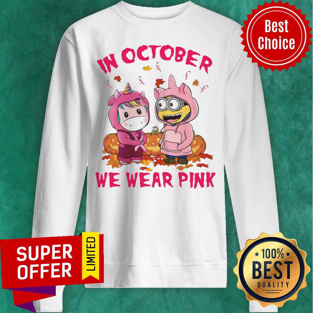 Unicorn And Minions Pumpkin In October We Wear Pink Halloween Shirt