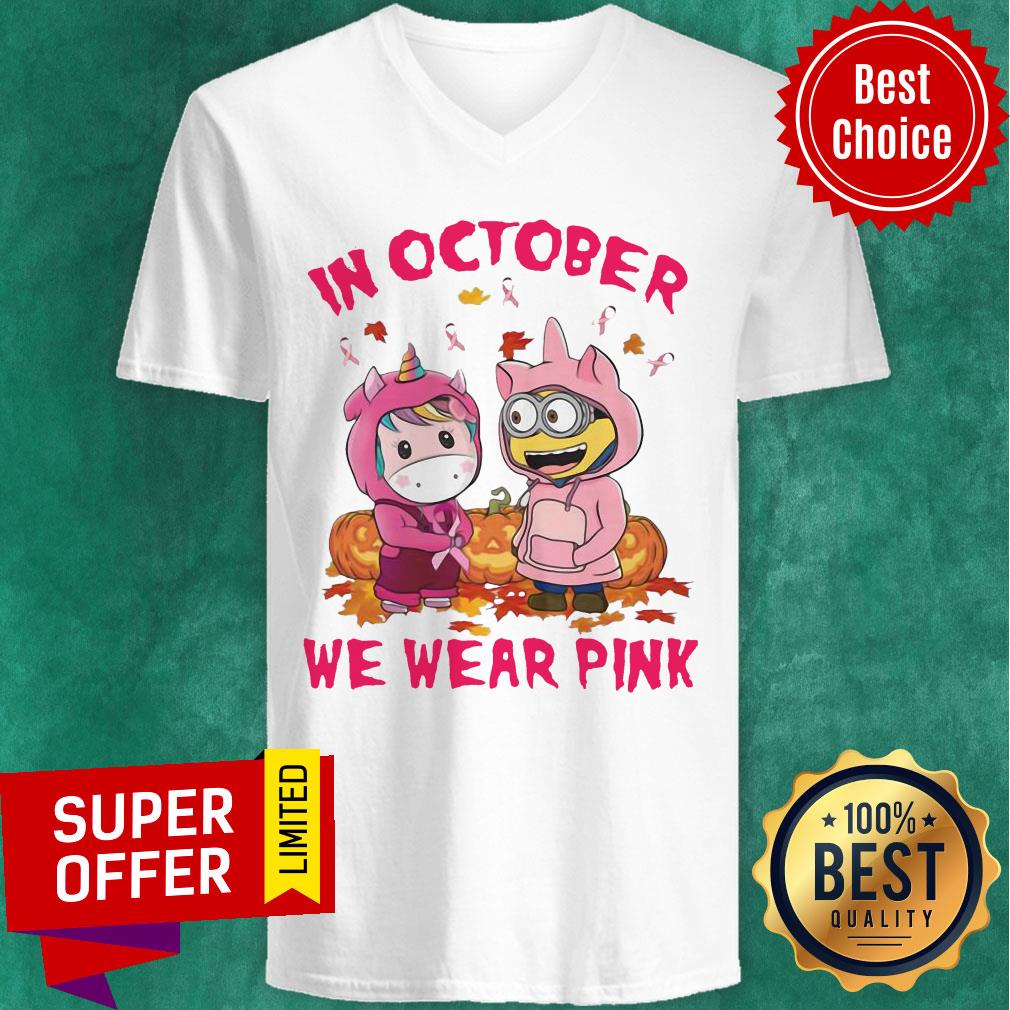 Unicorn And Minions Pumpkin In October We Wear Pink Halloween Shirt