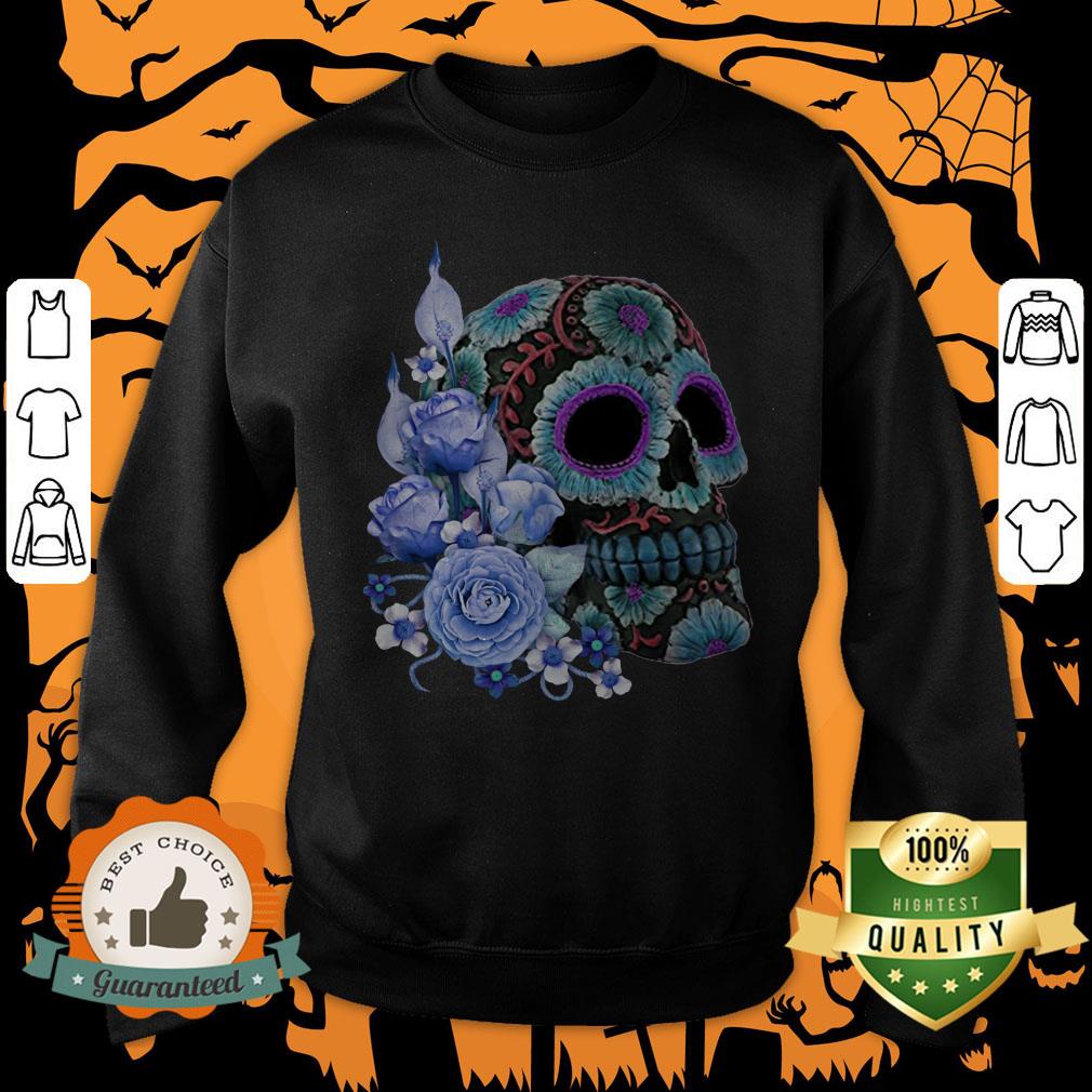 Blue Floral Black Sugar Skull Day Of The Dead Shirt