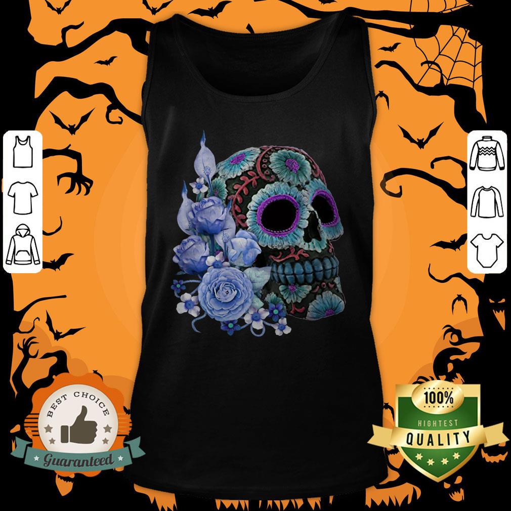 Blue Floral Black Sugar Skull Day Of The Dead Shirt