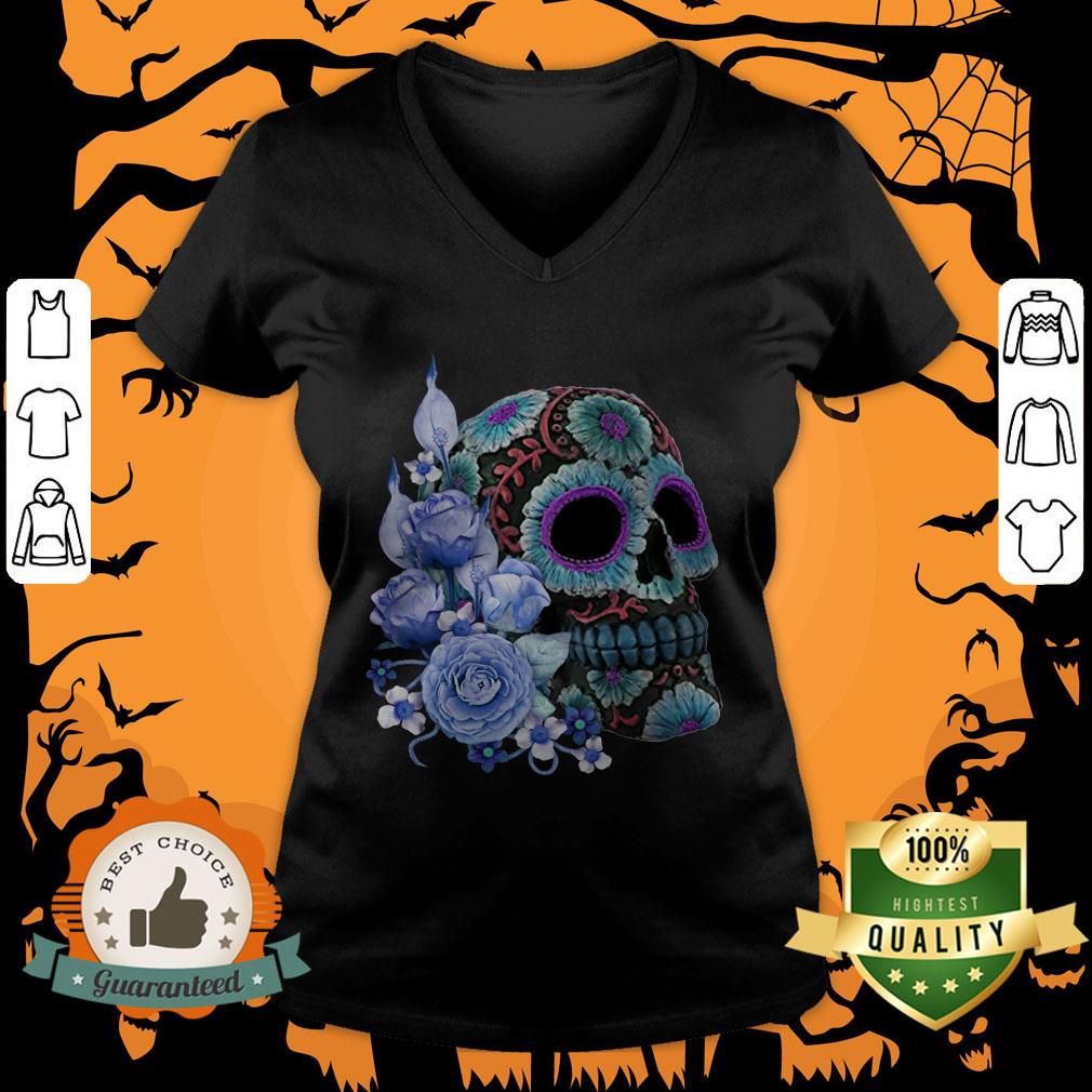 Blue Floral Black Sugar Skull Day Of The Dead Shirt