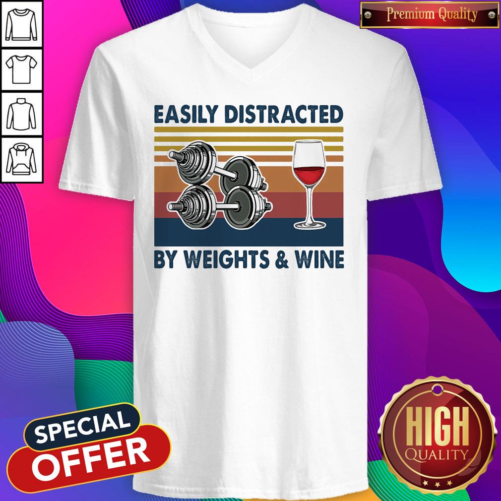 Easily Distracted By Weights And Wine Vintage Retro Shirt