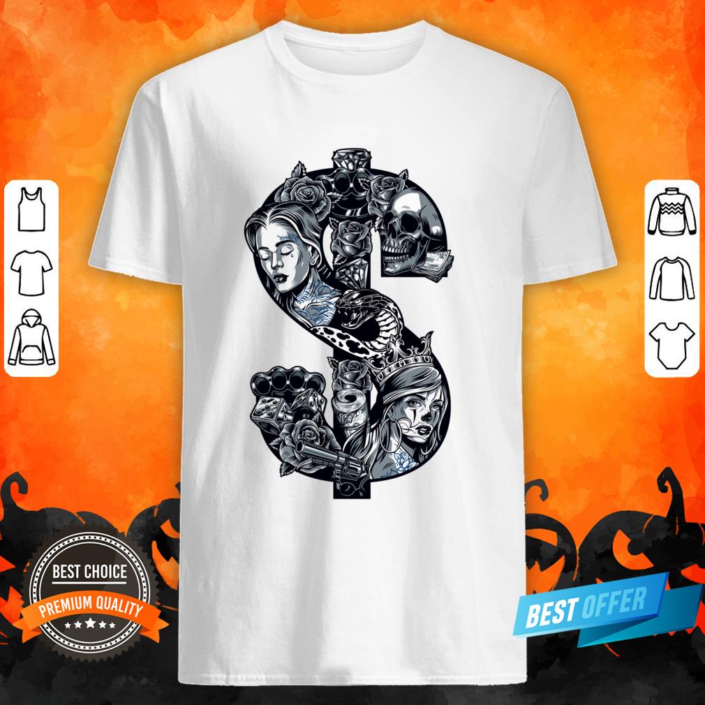 Posada Day Of The Dead Outlaw Dia De Muertas Dollars And Guns Skull Shirt