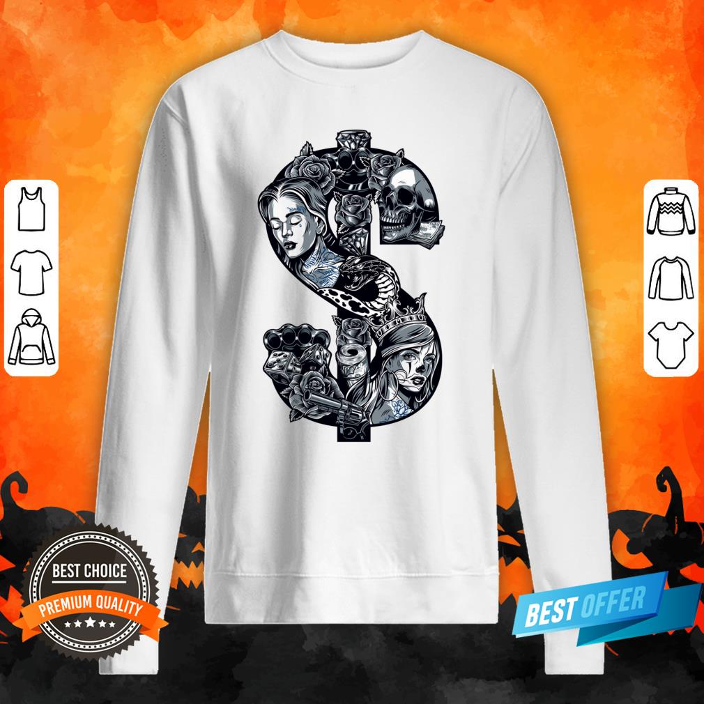 Posada Day Of The Dead Outlaw Dia De Muertas Dollars And Guns Skull Shirt