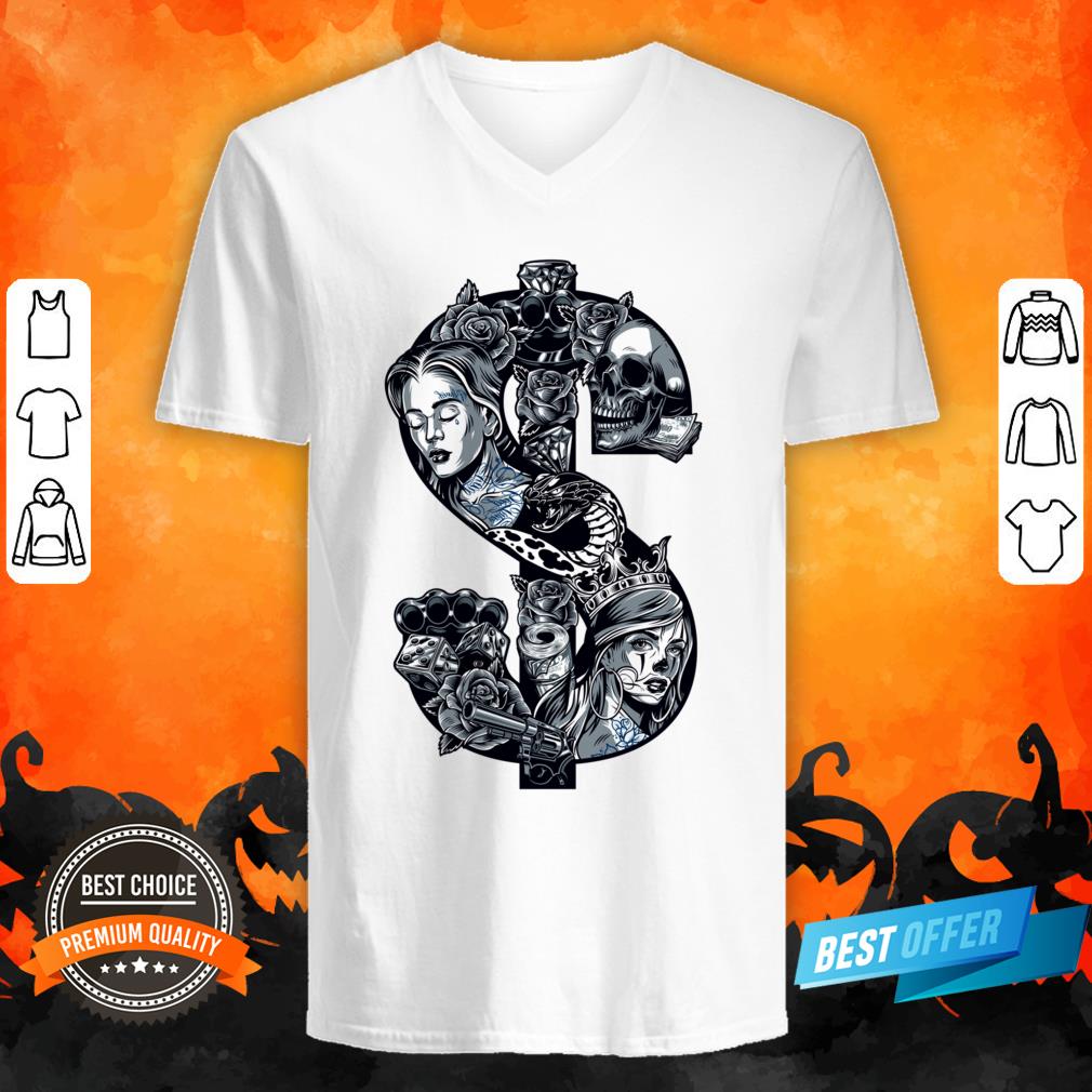 Posada Day Of The Dead Outlaw Dia De Muertas Dollars And Guns Skull Shirt