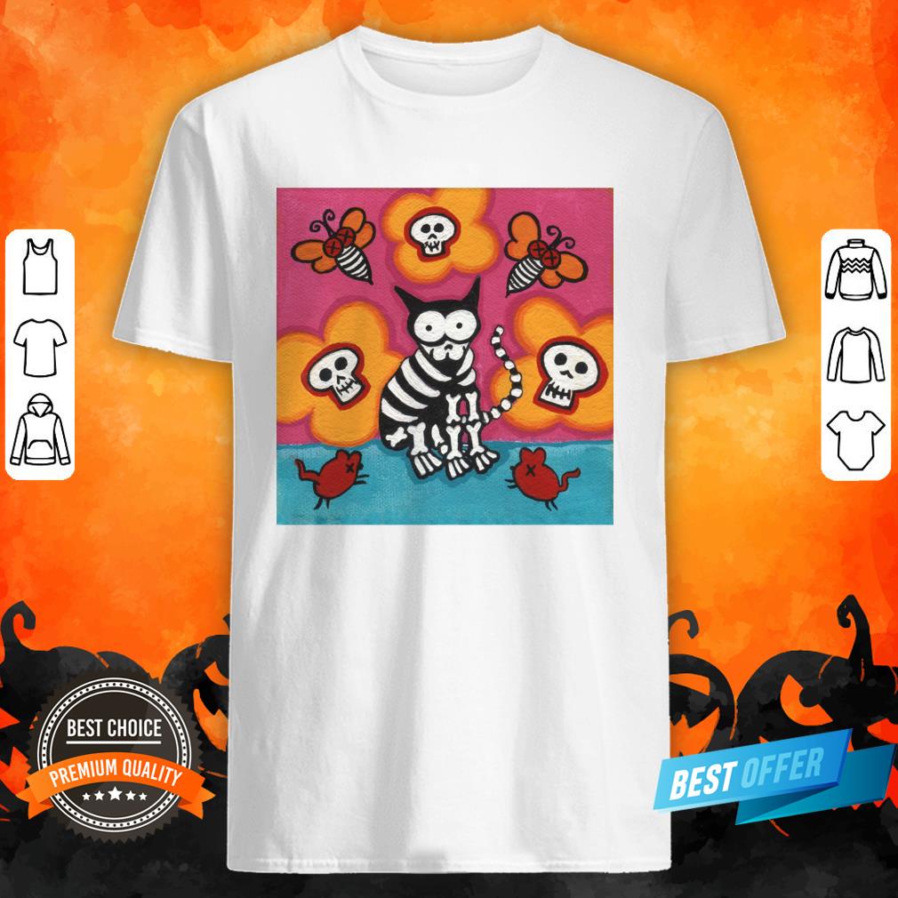 Skelly Cat With Bees Mice Grinning Skulls Day Of The Dead Shirt