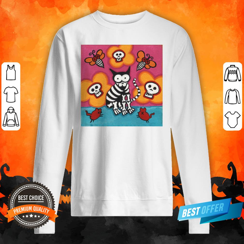 Skelly Cat With Bees Mice Grinning Skulls Day Of The Dead Shirt