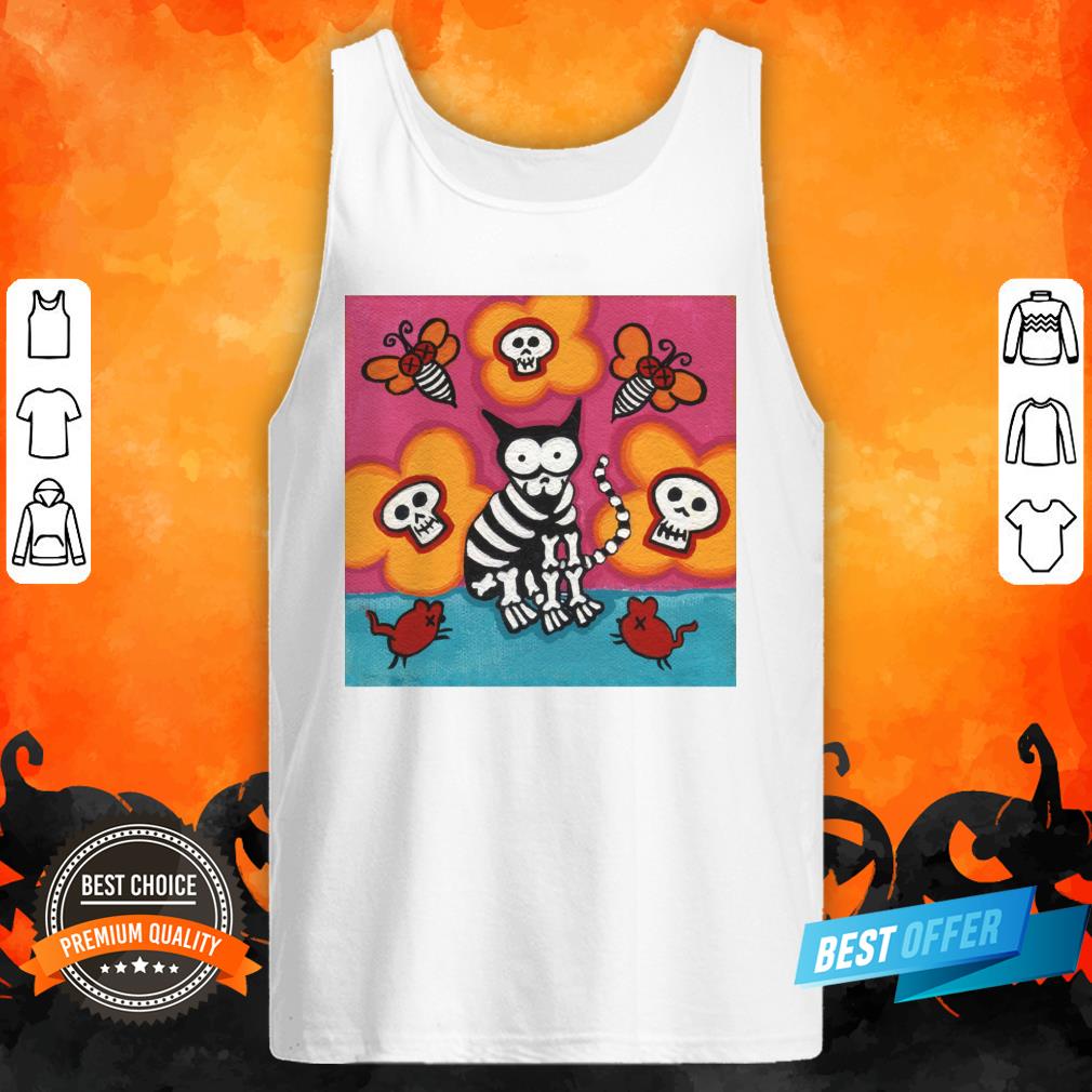 Skelly Cat With Bees Mice Grinning Skulls Day Of The Dead Shirt