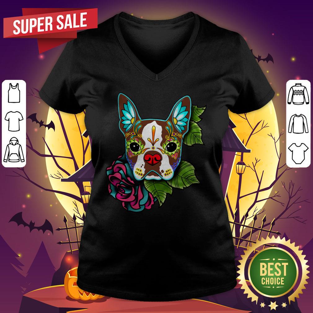 boston-terrier-in-red-day-of-the-dead-sugar-skull-dog-v-neck.jpg