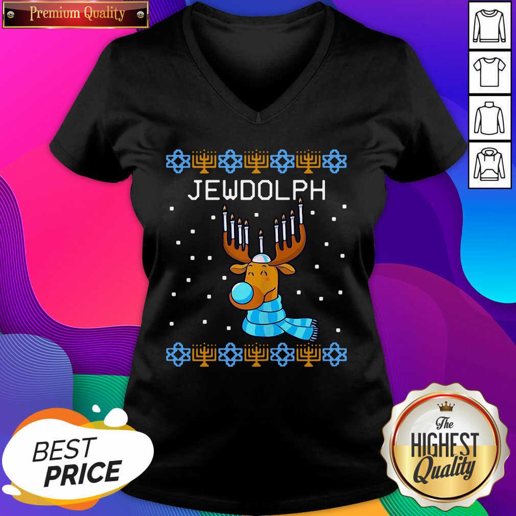Funny Jewdolph Ugly Hanukkah Reindeer Menorah Chanukah Ugly Christmas Shirt