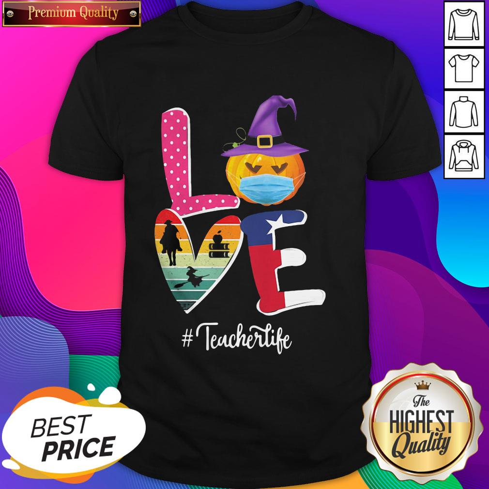 Love Pumpkin Mask Riding Horse Books And Witch American Flag #Teacherlife Shirt