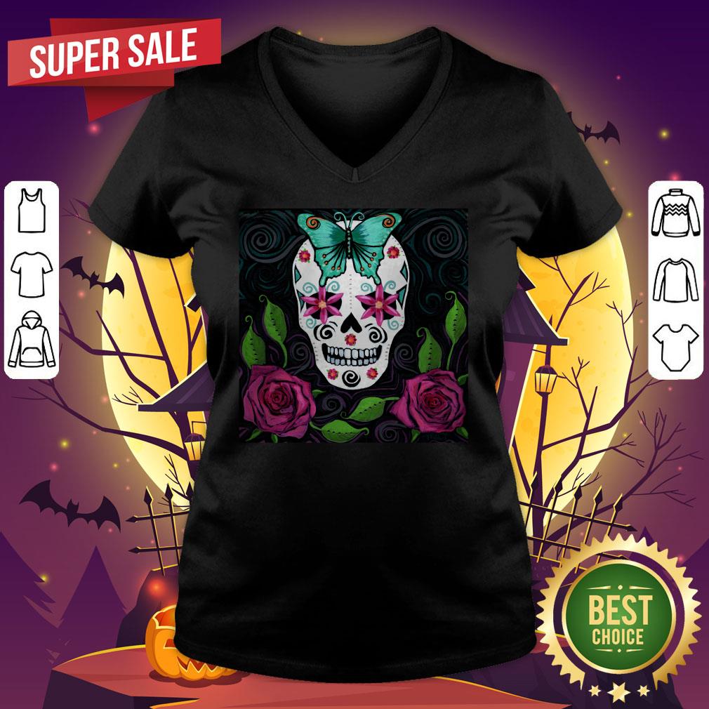 skull-with-teal-butterfly-and-red-roses-day-of-the-dead-v-neck.jpg