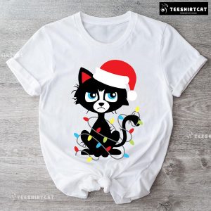 Black Cat Christmas With Santa Hat And Fairy Lights T-Shirt