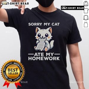 Adorable kitten graphic on a t-shirt with 'Sorry My Cat Ate My Homework' text for cat lovers and students.