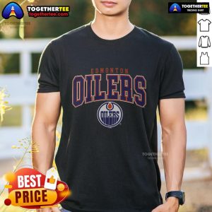 Alt Text: Premium Edmonton Oilers Classic Arched Logo T-Shirt featuring the iconic team logo in vibrant colors on a stylish tee.