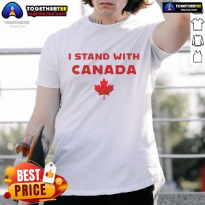 Nice I Stand With Canada Say No To USA Tariffs T-Shirt featuring bold text and a patriotic design, promoting trade solidarity.