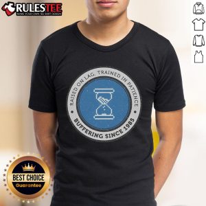 Official Raised On Lag T-Shirt featuring 'Trained In Patience Buffering Since 1985' design for gamers and tech lovers.