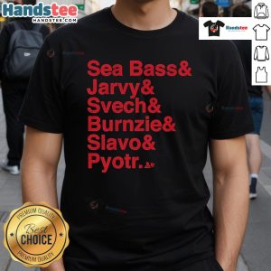Official Carolina Hockey T-Shirt featuring Ampersand Sea Bass, Jarvy, Svech, Burnzie, Slavo, and Pyotr designs.